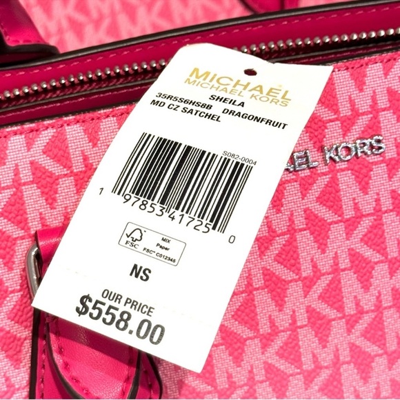 Michael Kors Sheila Medium Signature CZ Logo Satchel Crossbody Bag Dragonfruit - Picture 8 of 8